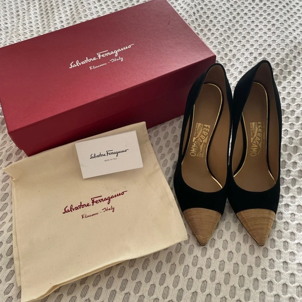 Salvatore Ferragamo Black Suede + Gold Chain Cap Tip Stilettos - 6.5 - Picture 2 of 9